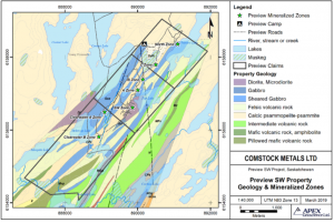 Figure 2: Comstock Metals Ltd. Preview SW Property Area Geology and Mineralized Zones