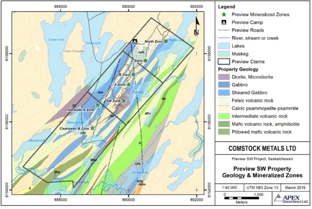 Figure 2: Comstock Metals Ltd. Preview SW Property Area Geology and Mineralized Zones